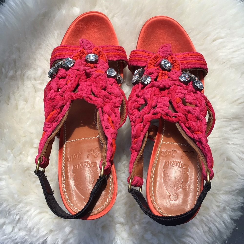 Lanvin Paris Coral and Pink Silk Braided And Crystal Embellished Stilettos Yummy